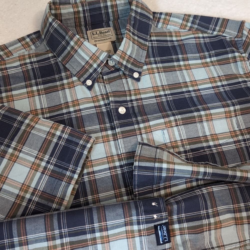 NEW LL Bean Mens LT Comfort Stretch Oxford Traditional S/S Blue Plaid Shirt Logo